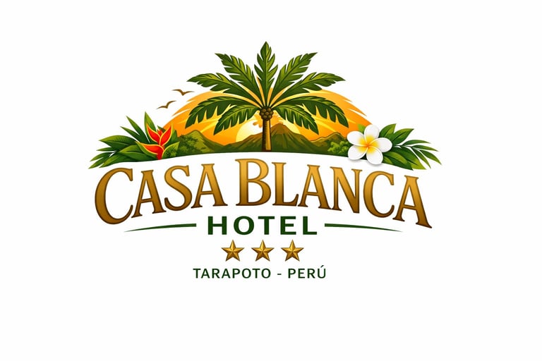 Casa Blanca Hotel logo featuring palm trees, tropical flowers, and a sunset in Tarapoto, Peru