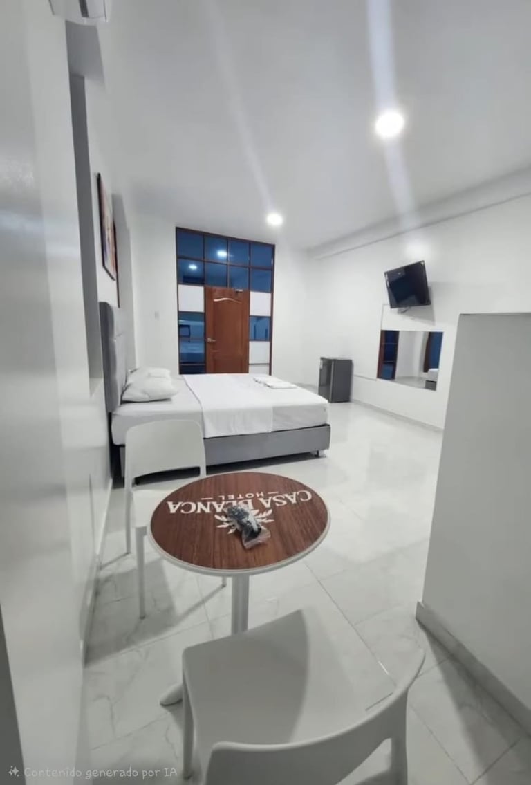 Modern hotel bedroom with white bed, blue tile accent wall above headboard, and round wooden table in foreground